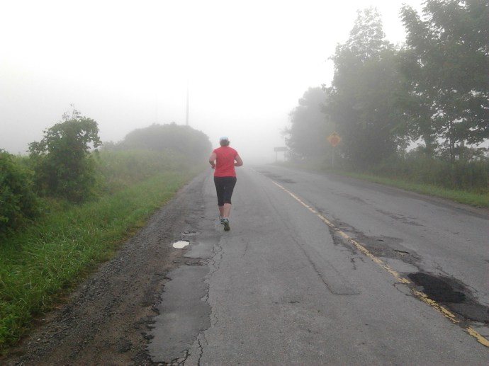 Foggy morning run, you can just see the sun trying to burn through it. 