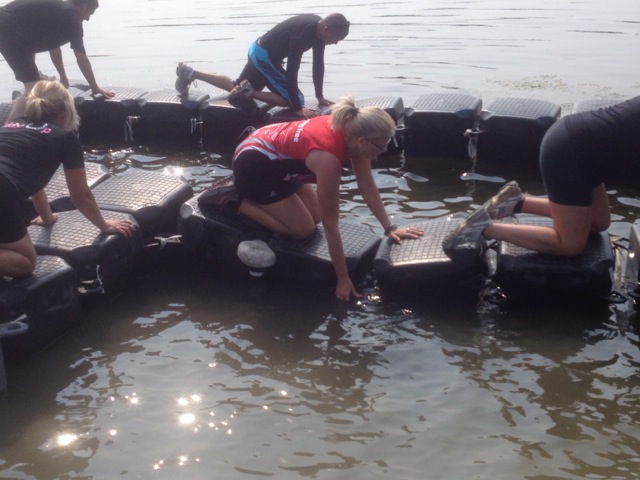 Glenis on the floating dock supports in the Bad Ass